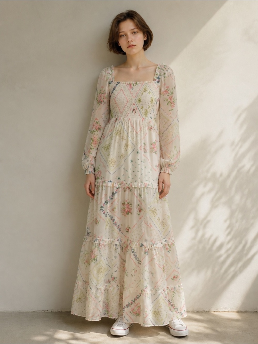Romantic Cream Floral Patchwork Maxi Dress